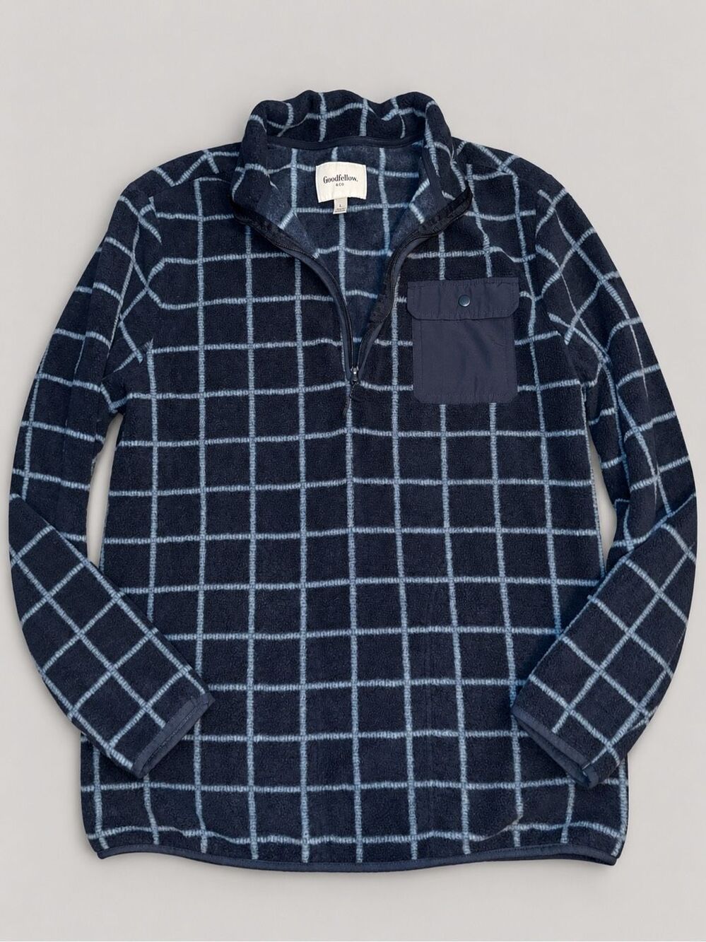 Goodfellow & Co Men’s L Navy Plaid Fleece Quarter Zip Pullover Jacket